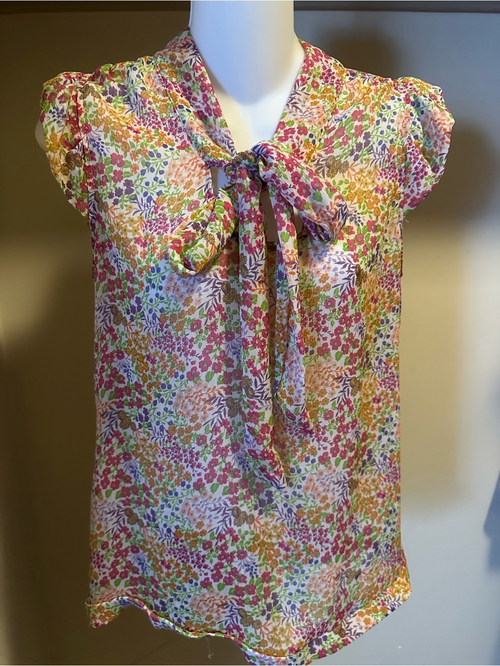 Cap-Sleeve Tie-Neck Blouse in Pink Multi Floral